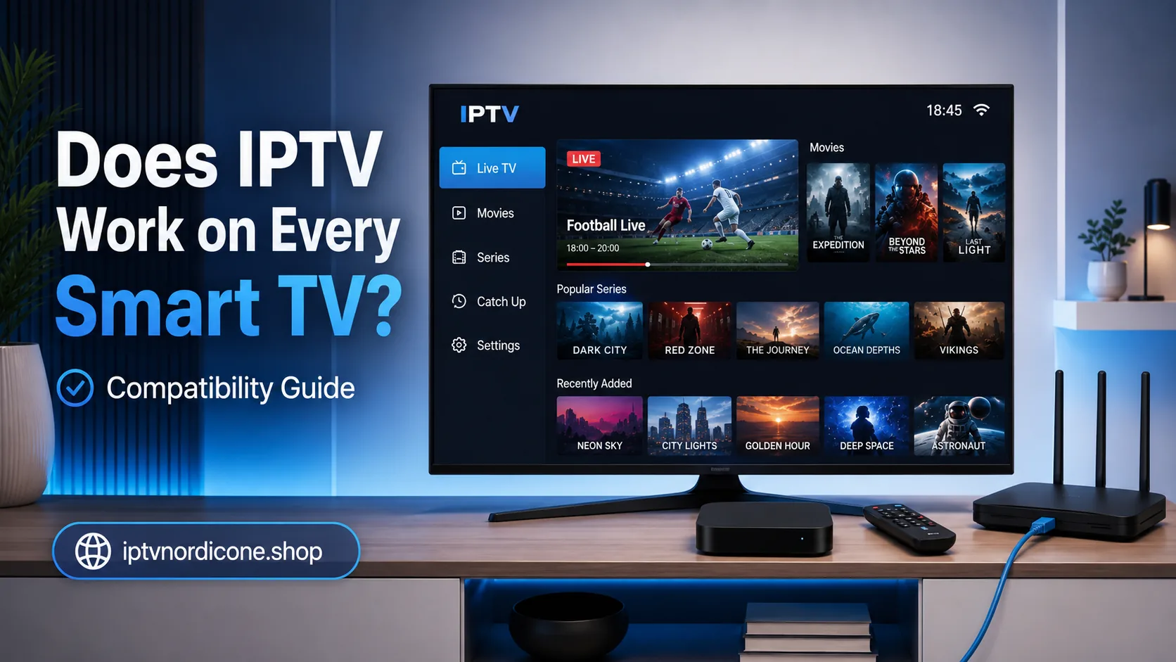 A Smart TV running an IPTV app next to an Android TV box, remote control, and router.