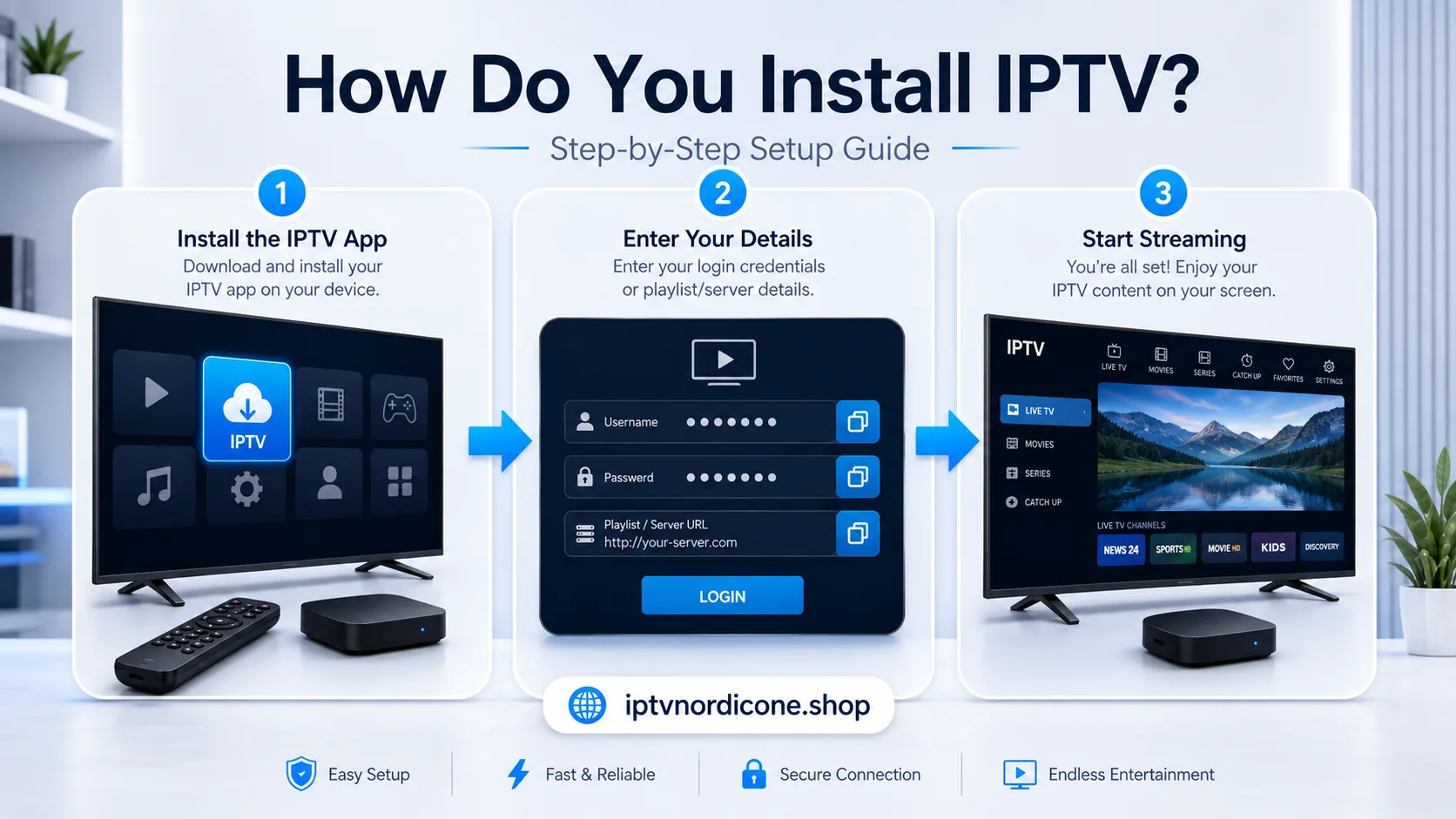 IPTV installation steps: download the app, enter account details, and load the channel list.