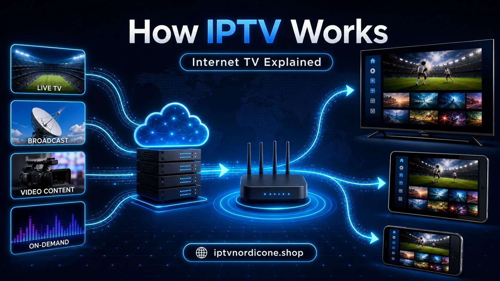 Diagram explaining how IPTV channels are delivered over the internet to a Smart TV, tablet, and smartphone.
