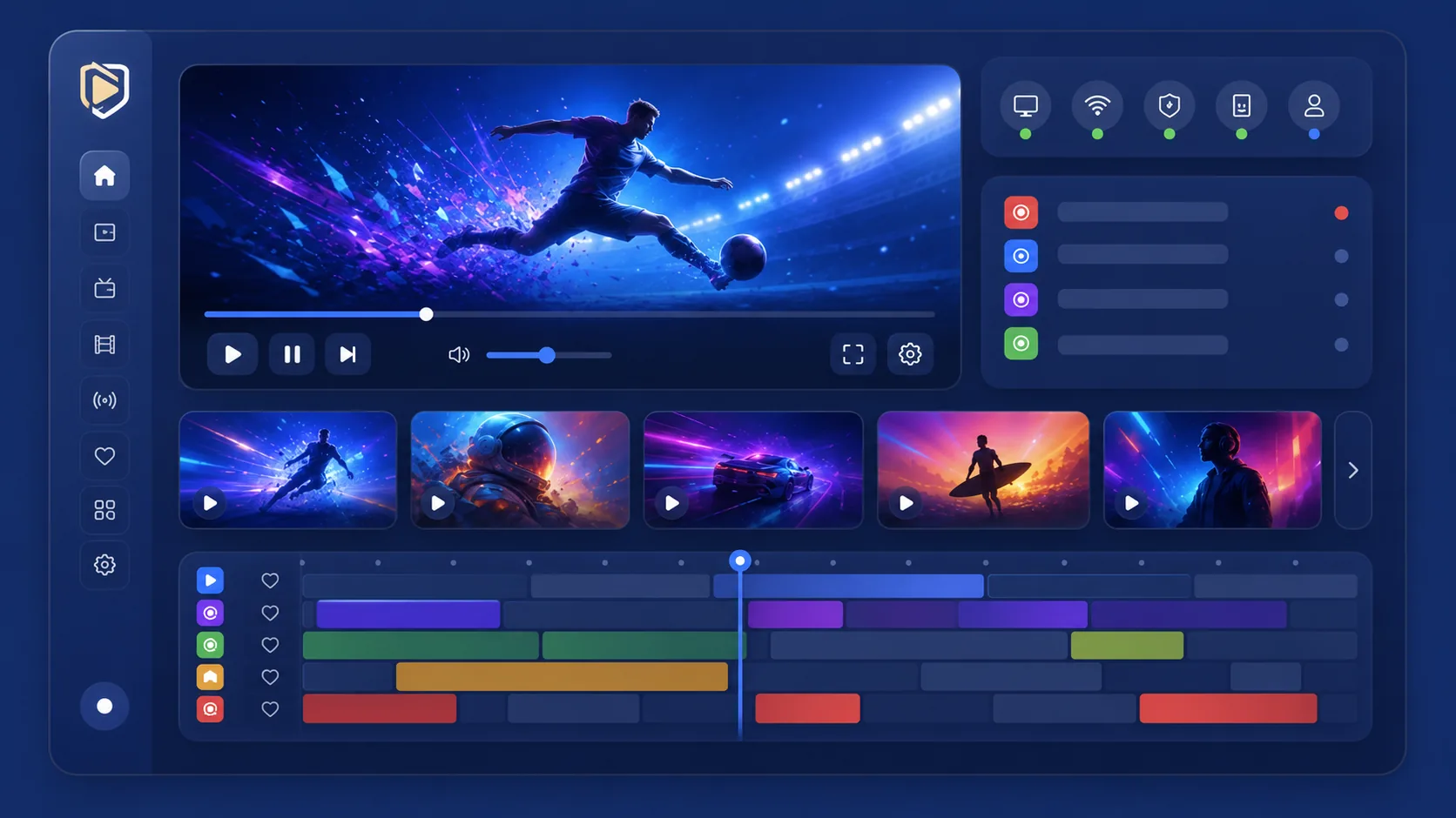 Material design inspired IPTV dashboard with icon-only live TV, VOD and EPG panels